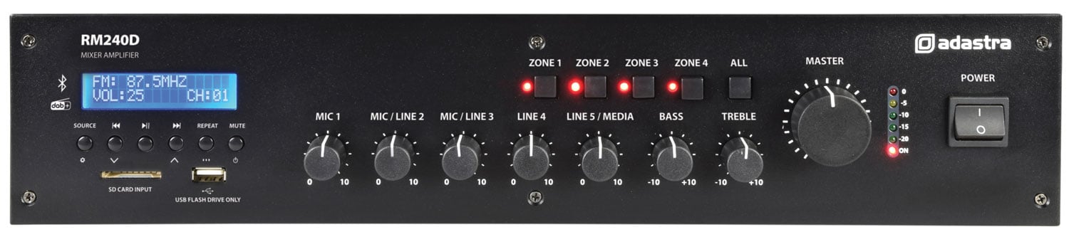 Adastra RM240D 240w 100v Mixer Amplifier with DAB+, Bluetooth and USB/SD