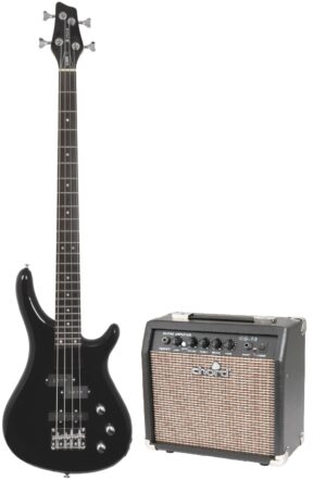 Chord CCB90-BK Electric Bass Guitar in Black with CG-10 10w Electric Guitar Practice Amplifier Package
