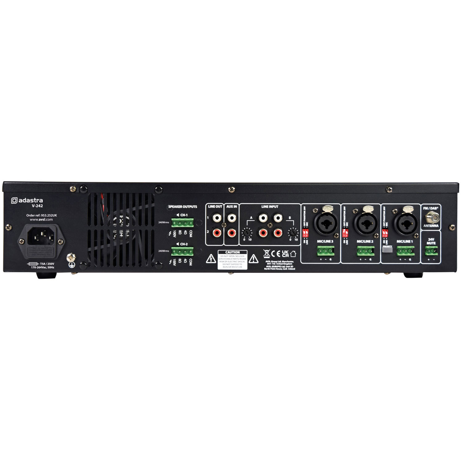 Adastra V-242 Dual Zone 2 x 240w Mixer Amplifier 100v with DAB+/FM/USB/SD/BT - Image 2