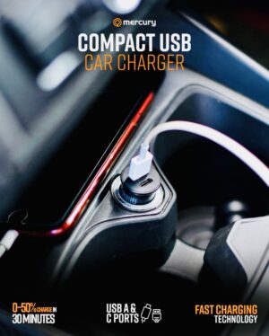 Mercury Compact USB-A and USB-C Car Charger with PD and QC Fast Charging
