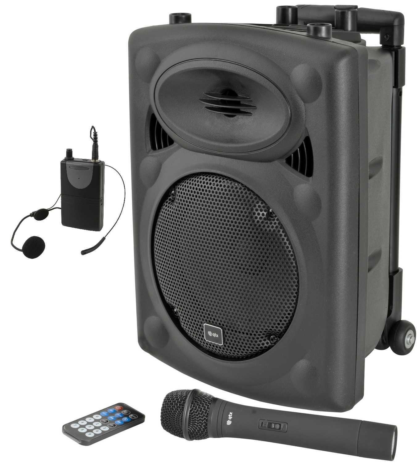 QTX QR8PA Portable PA Speaker with Bluetooth, TWS, wireless UHF Handheld Microphone and Headset with Bodypack