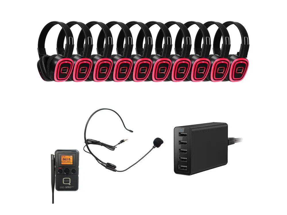 Q Audio 10 Way Silent Disco Bundle With Portable Bluetooth Transmitter & Charger