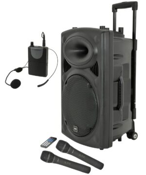 QTX QR15PA Portable PA Speaker with Bluetooth, TWS, 2 x Wireless UHF Handheld Microphones and Headset with Bodypack