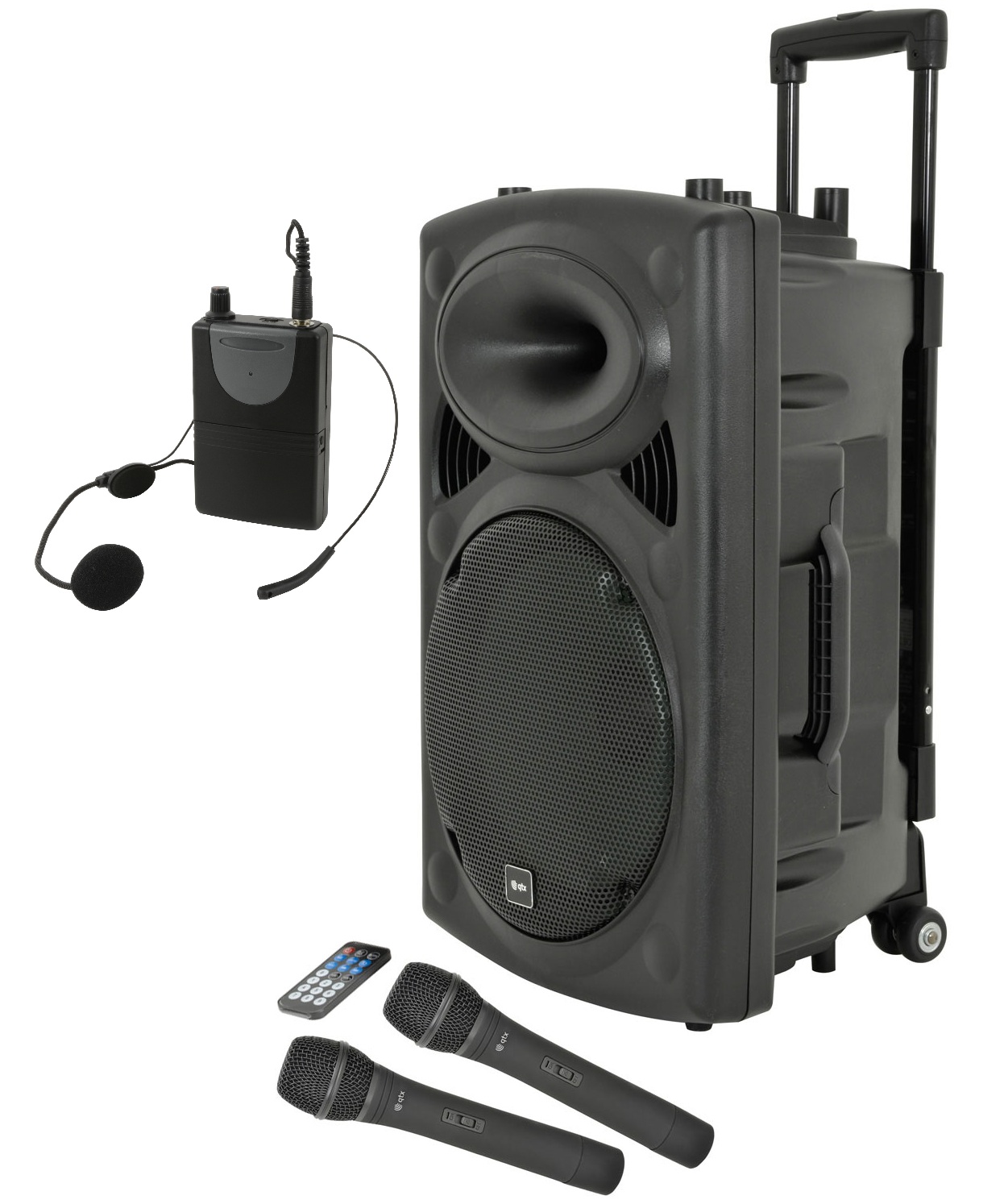 QTX QR12PA Portable PA Speaker with Bluetooth, TWS, 2 x Wireless UHF Handheld Microphones and Headset with Bodypack
