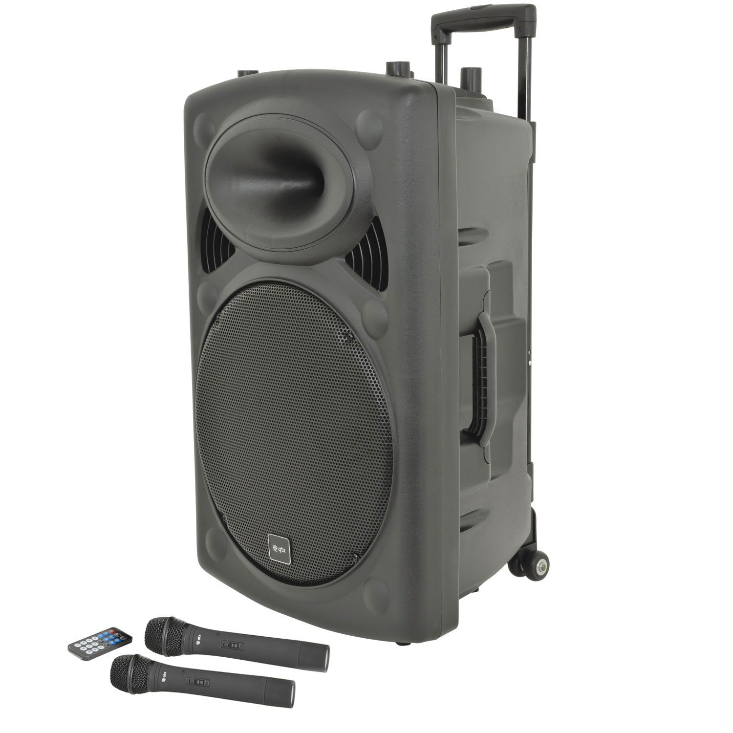 QTX QR15PA Portable PA Speaker with Bluetooth, TWS, 2 x Wireless UHF Handheld Microphones