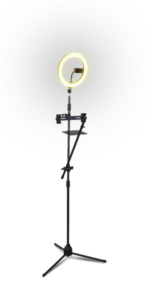 Tripod Mounted LED Ring Light with Microphone Holder, 3x Mobile Phone Holders and Storage Platform