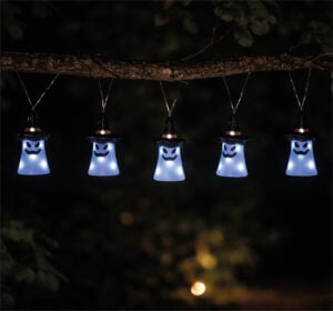 Set of 5 Acrylic Ghost (With Hats) Lights 40 White LED Outdoor Battery Decoration with Timer