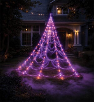 Orange and Purple LED Spider Web Lights Outdoor with Hooks, Stakes and Timer